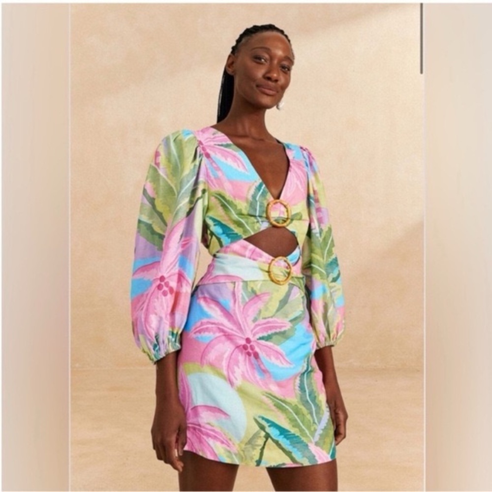 Farm Rio Beach Vibe Cutout Linen-Blend Mini Dress